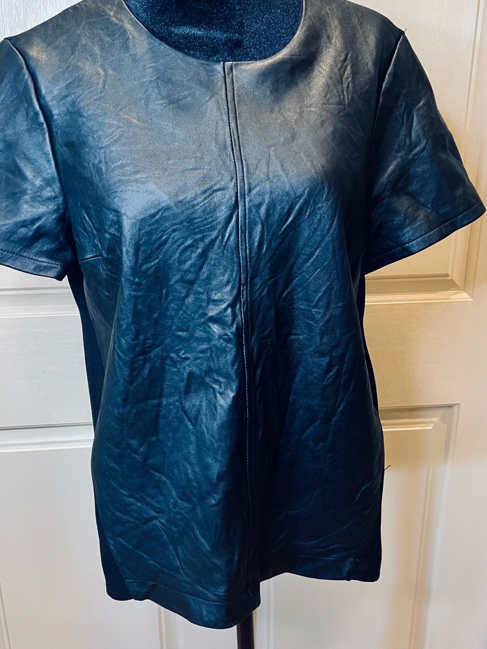 Black Genuine Leather Short-Sleeve Top — Sleek Women's Tee
